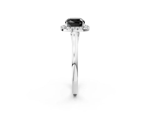 White gold Fancy Black Cushion Cut Halo Round Diamond Solitaire Ring with Pavé Band and Four-Prong Setting_14