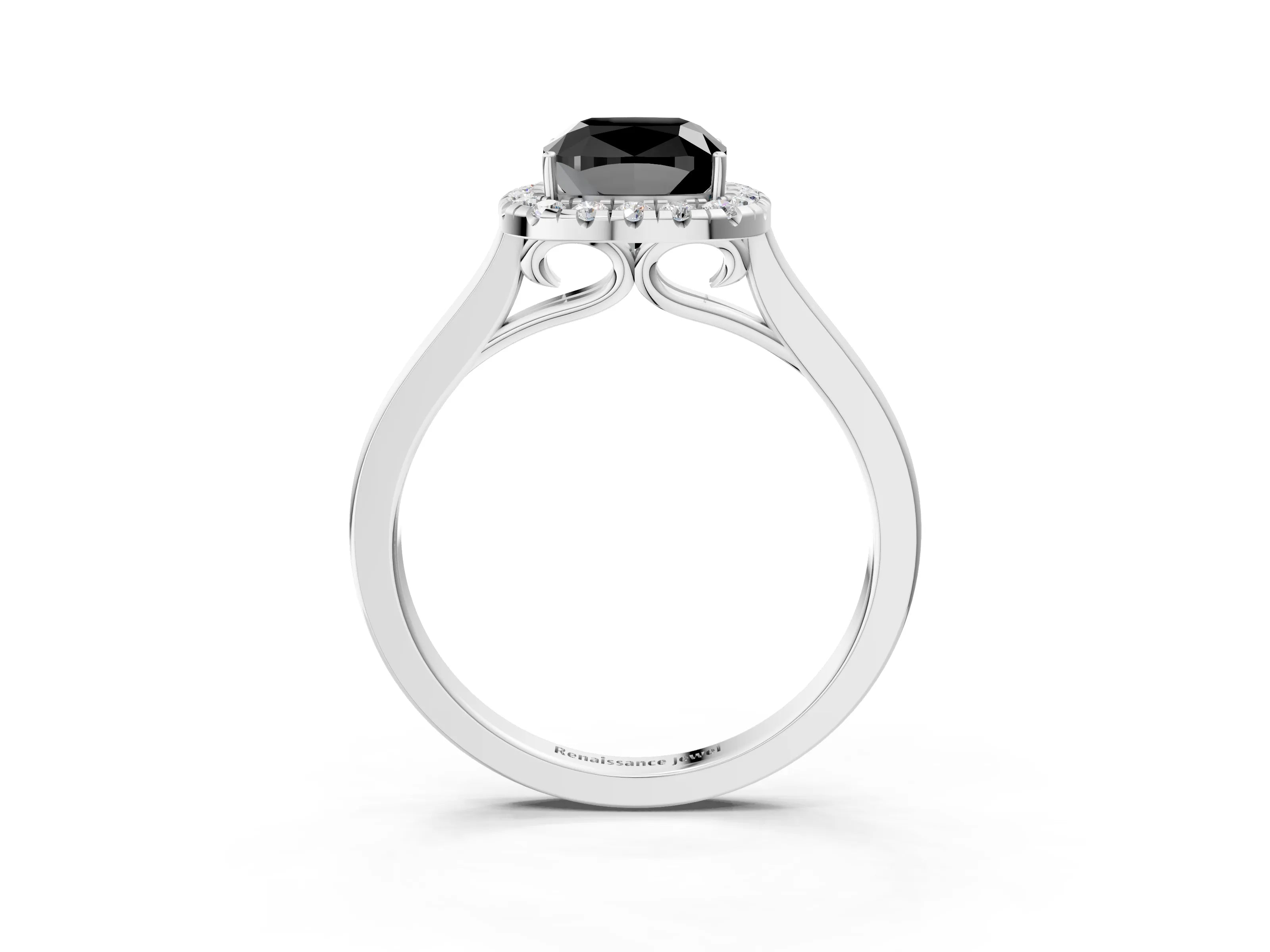 White gold Fancy Black Cushion Cut Halo Round Diamond Solitaire Ring with Pavé Band and Four-Prong Setting_15
