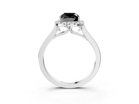 White gold Fancy Black Cushion Cut Halo Round Diamond Solitaire Ring with Pavé Band and Four-Prong Setting_15