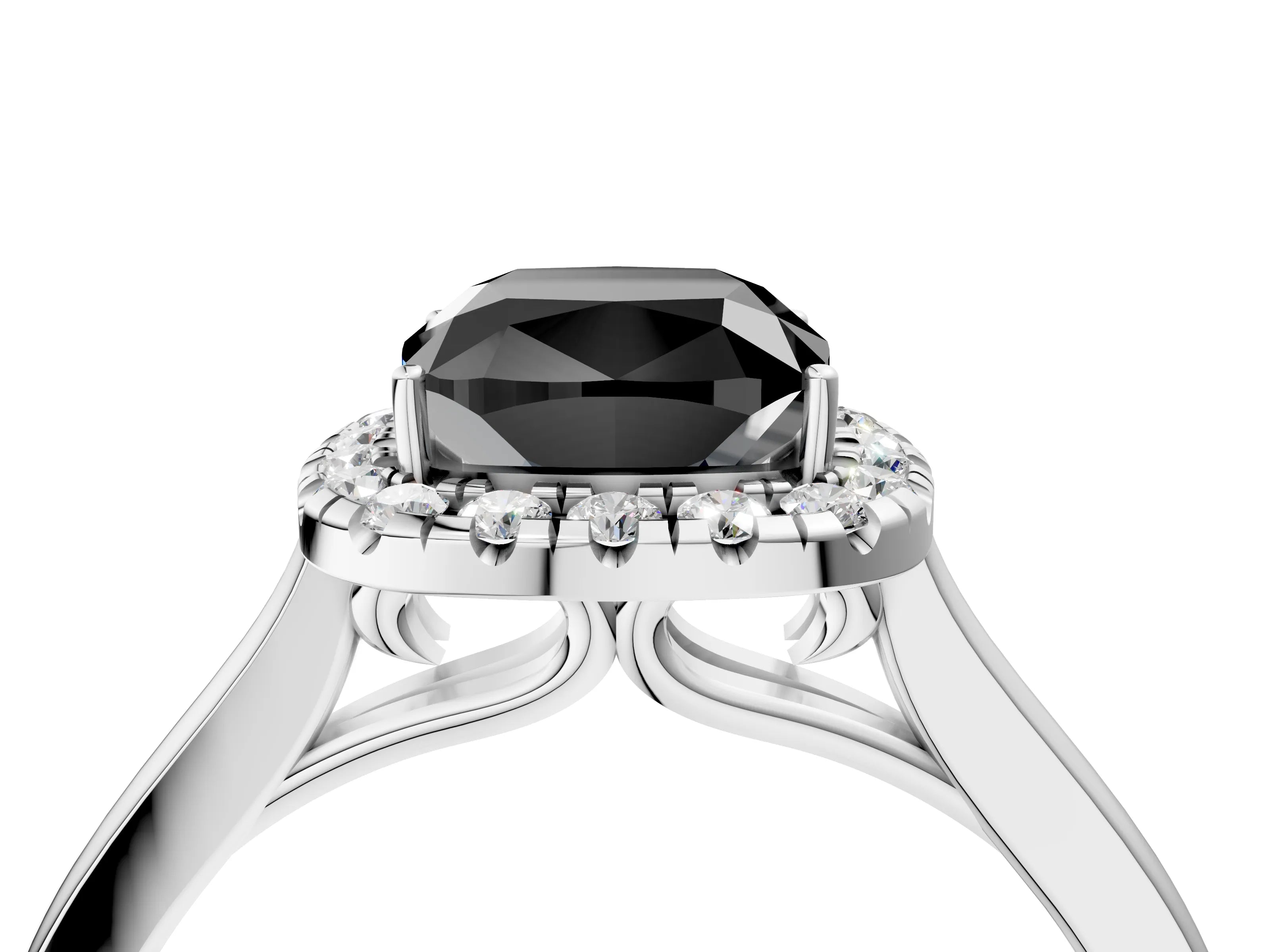 White gold Fancy Black Cushion Cut Halo Round Diamond Solitaire Ring with Pavé Band and Four-Prong Setting_16