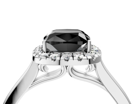 White gold Fancy Black Cushion Cut Halo Round Diamond Solitaire Ring with Pavé Band and Four-Prong Setting_16