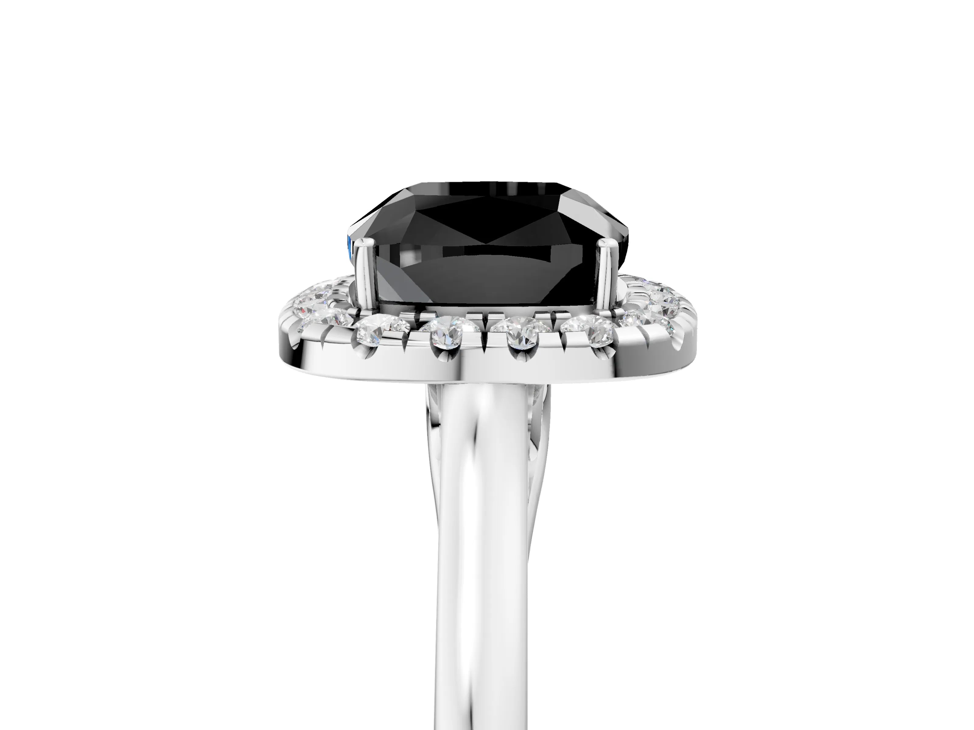 White gold Fancy Black Cushion Cut Halo Round Diamond Solitaire Ring with Pavé Band and Four-Prong Setting_17