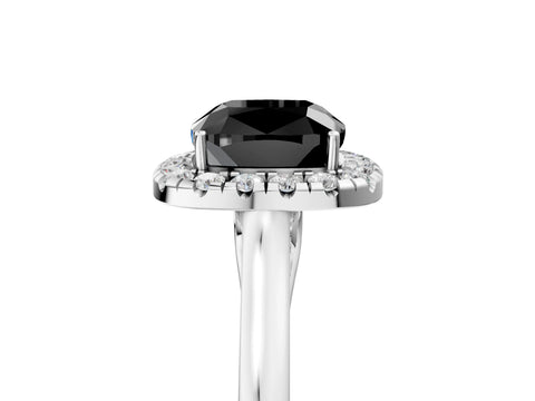 White gold Fancy Black Cushion Cut Halo Round Diamond Solitaire Ring with Pavé Band and Four-Prong Setting_17