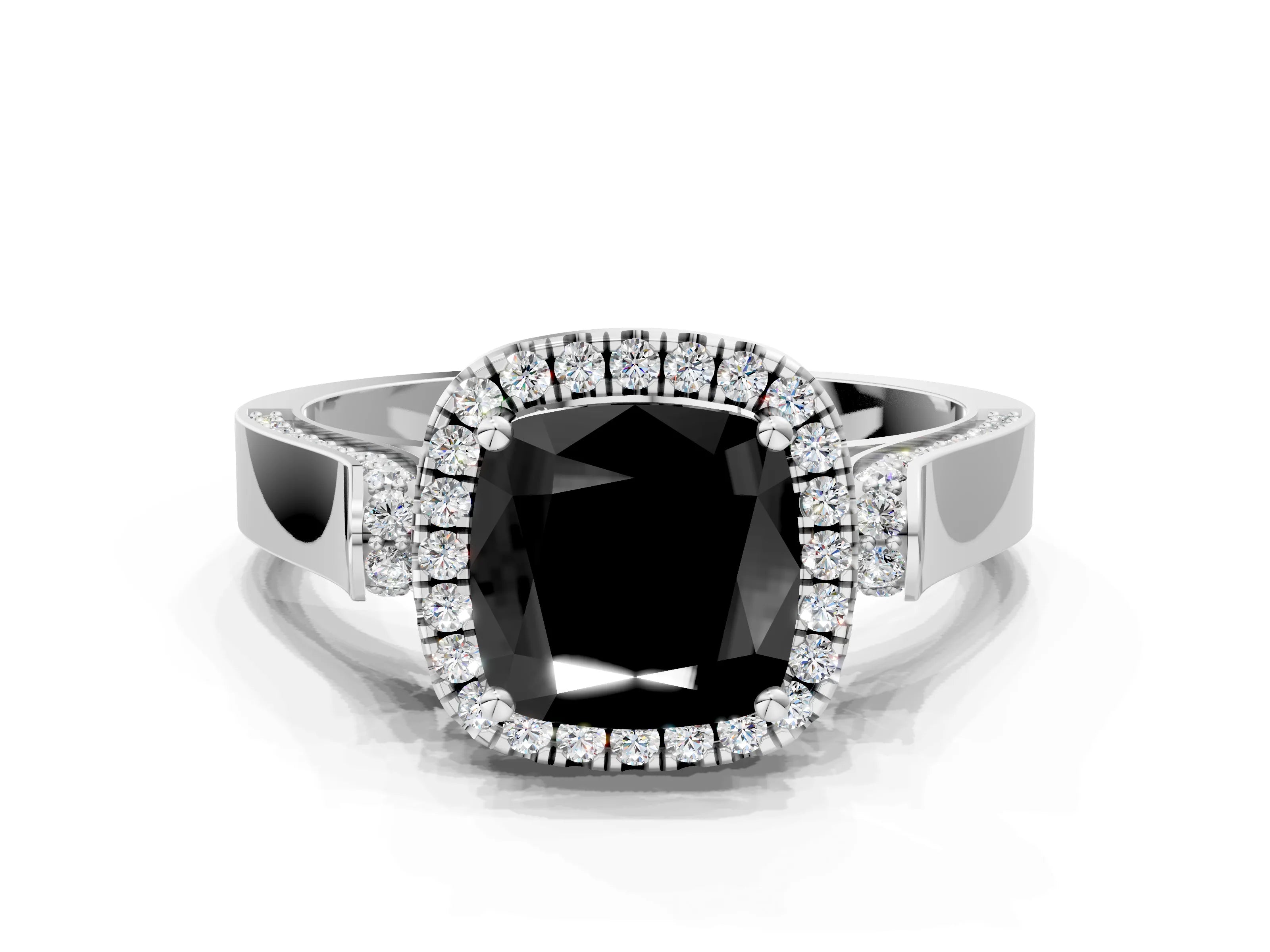 White gold Fancy Black Cushion Cut Halo Round Diamond Twist Band with Four-Prong Setting