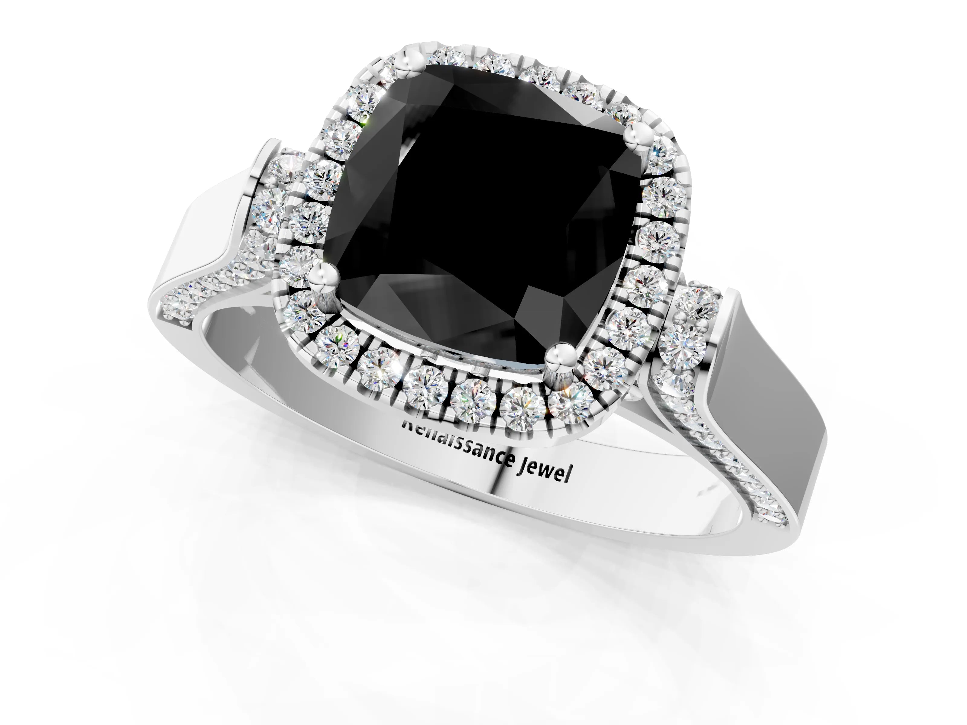 White gold Fancy Black Cushion Cut Halo Round Diamond Twist Band with Four-Prong Setting_1
