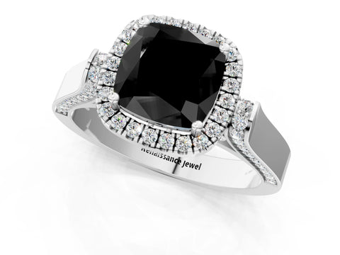 White gold Fancy Black Cushion Cut Halo Round Diamond Twist Band with Four-Prong Setting_1
