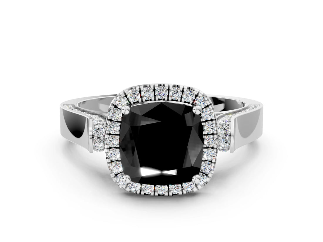 White gold Fancy Black Cushion Cut Halo Round Diamond Twist Band with Four-Prong Setting_24
