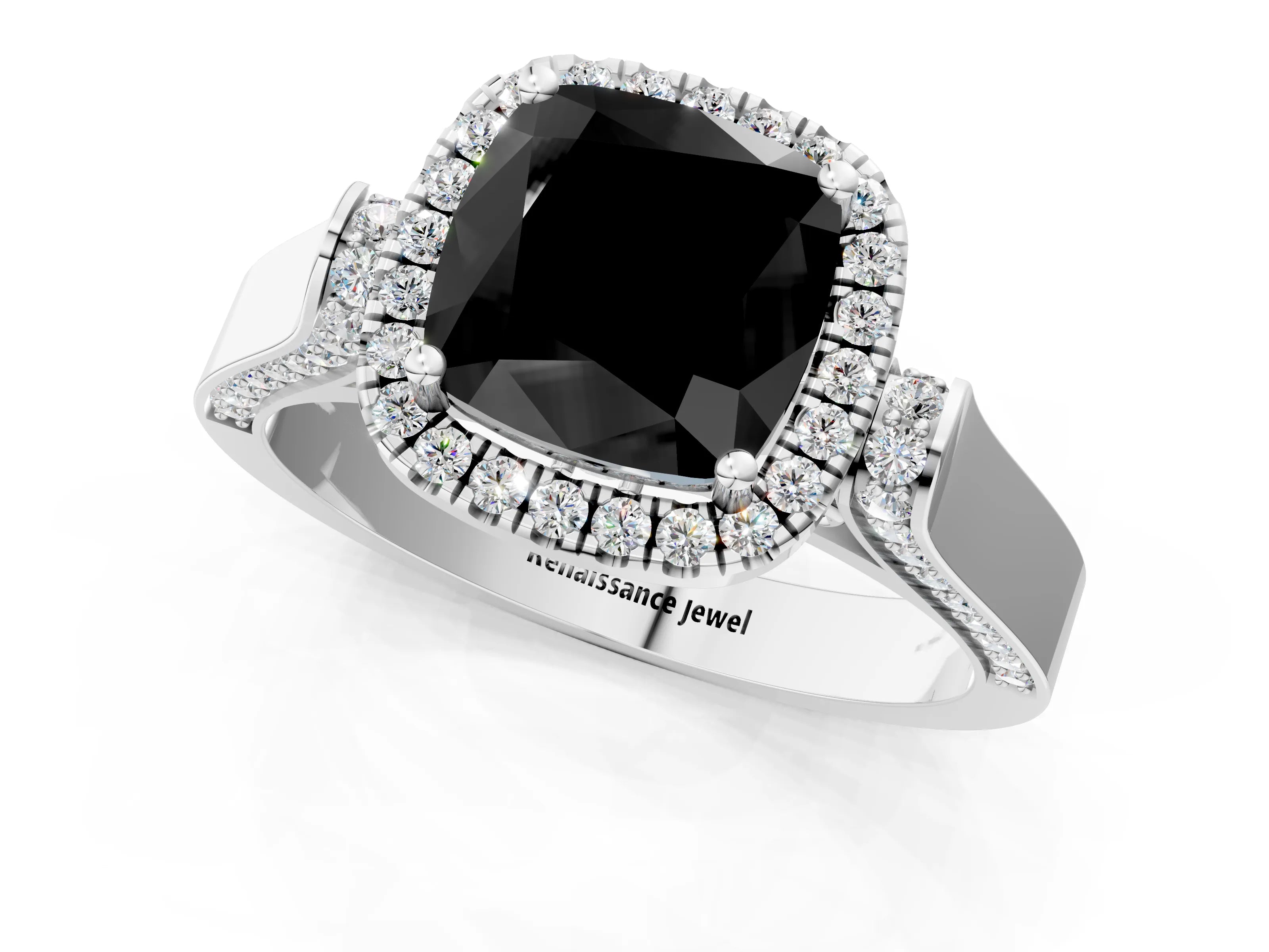 White gold Fancy Black Cushion Cut Halo Round Diamond Twist Band with Four-Prong Setting_25