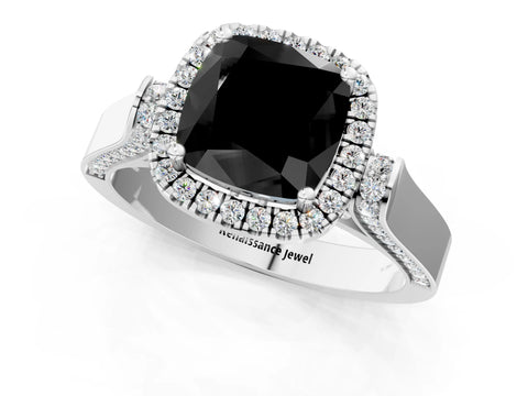 White gold Fancy Black Cushion Cut Halo Round Diamond Twist Band with Four-Prong Setting_25