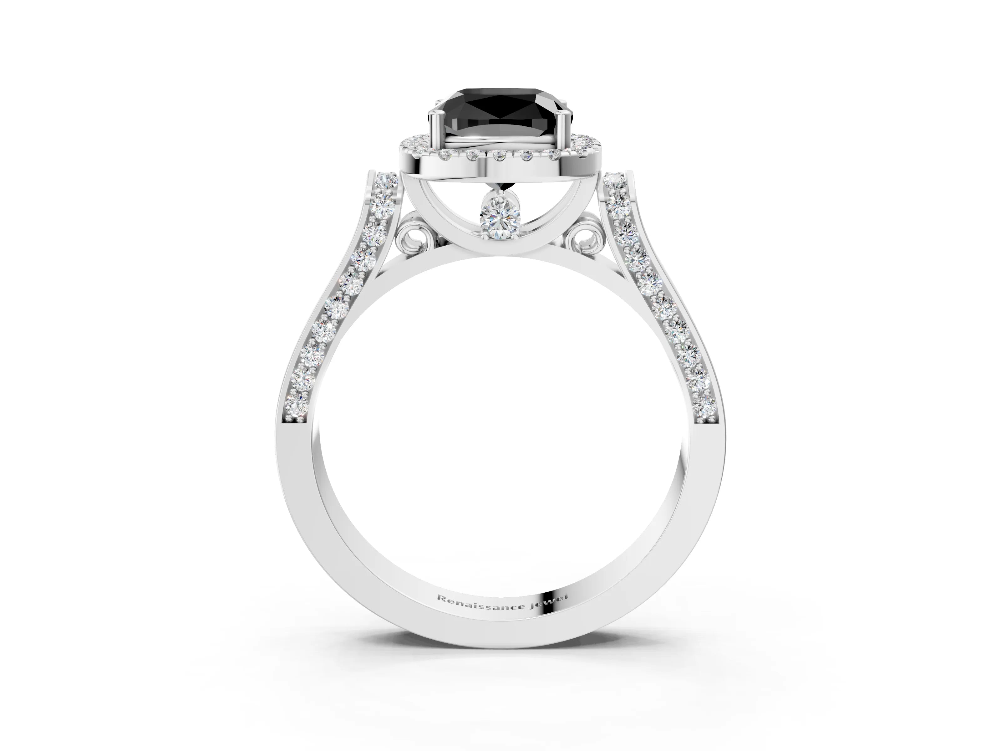 White gold Fancy Black Cushion Cut Halo Round Diamond Twist Band with Four-Prong Setting_27