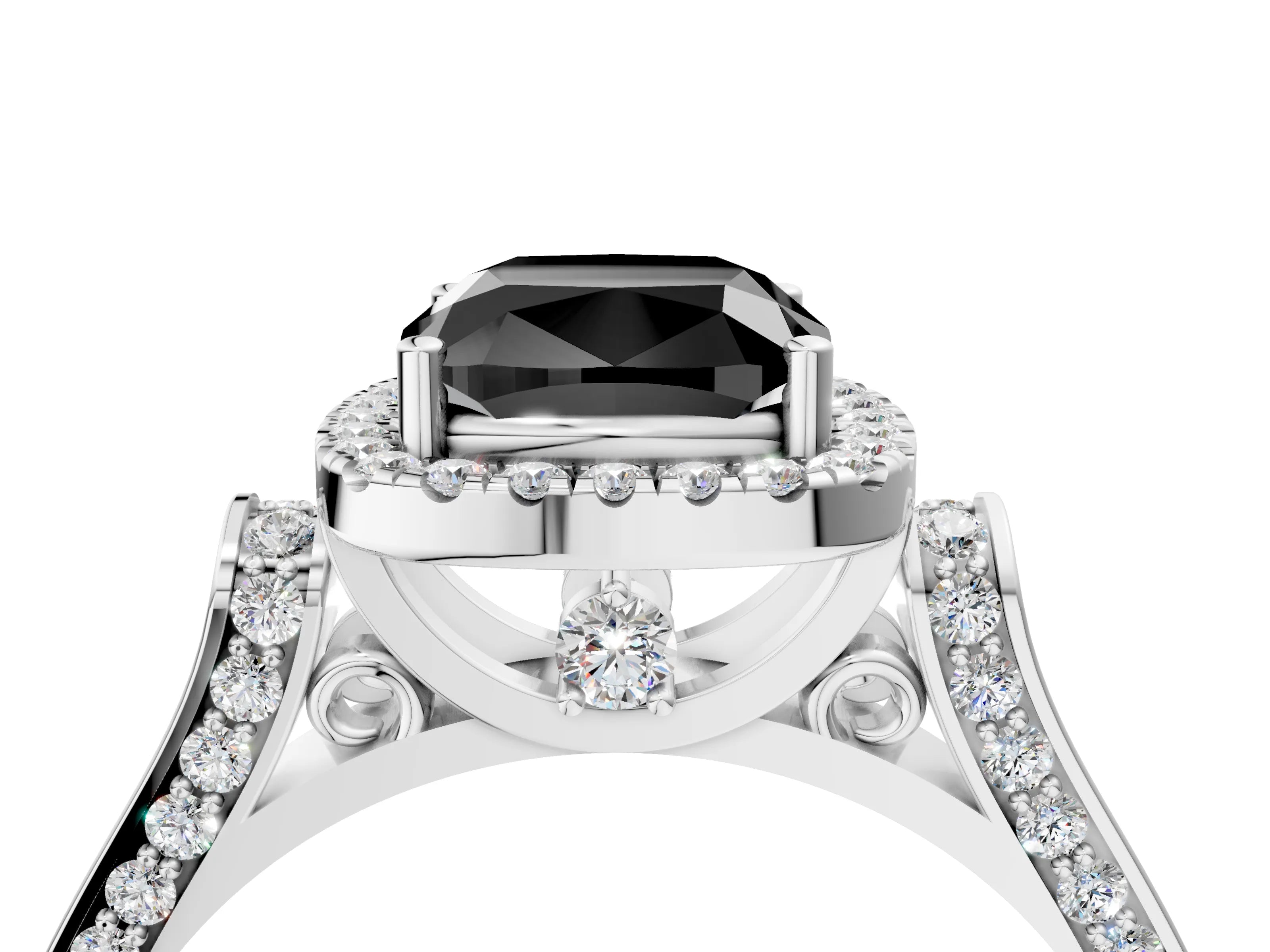 White gold Fancy Black Cushion Cut Halo Round Diamond Twist Band with Four-Prong Setting_28