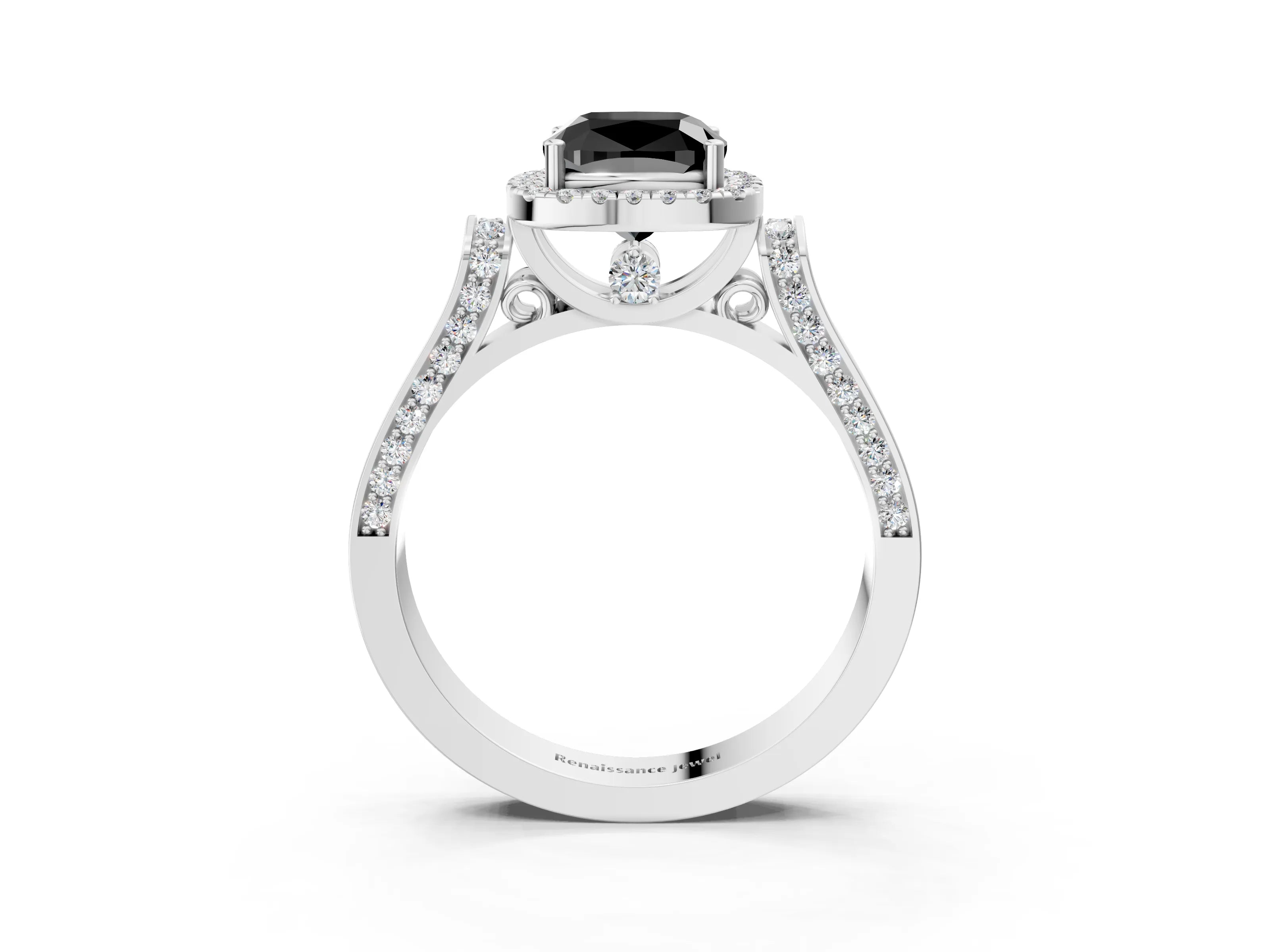 White gold Fancy Black Cushion Cut Halo Round Diamond Twist Band with Four-Prong Setting_3