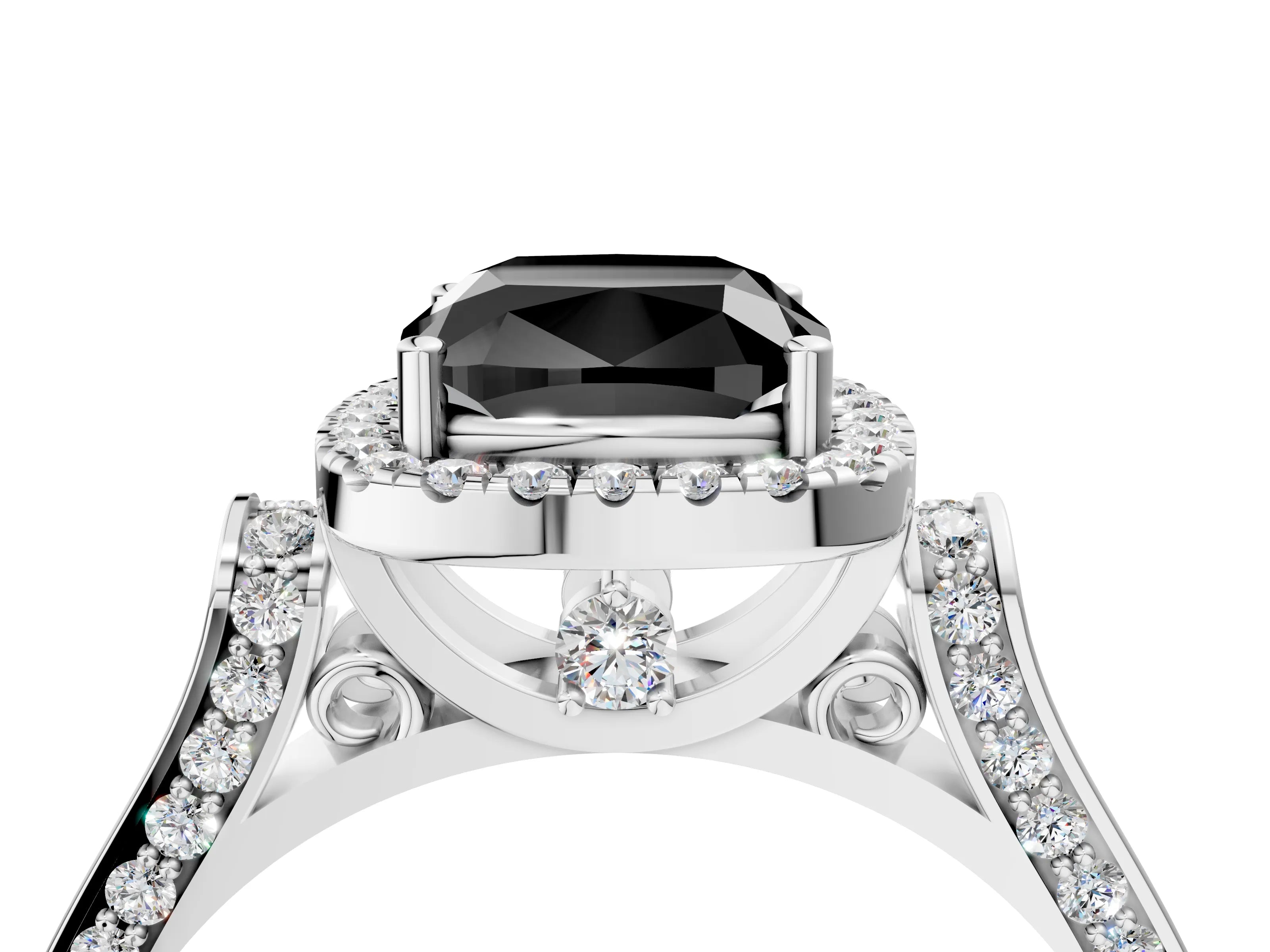 White gold Fancy Black Cushion Cut Halo Round Diamond Twist Band with Four-Prong Setting_4