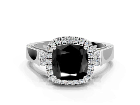 White gold Fancy Black Cushion Cut Halo Round Diamond Twist Band with Four-Prong Setting