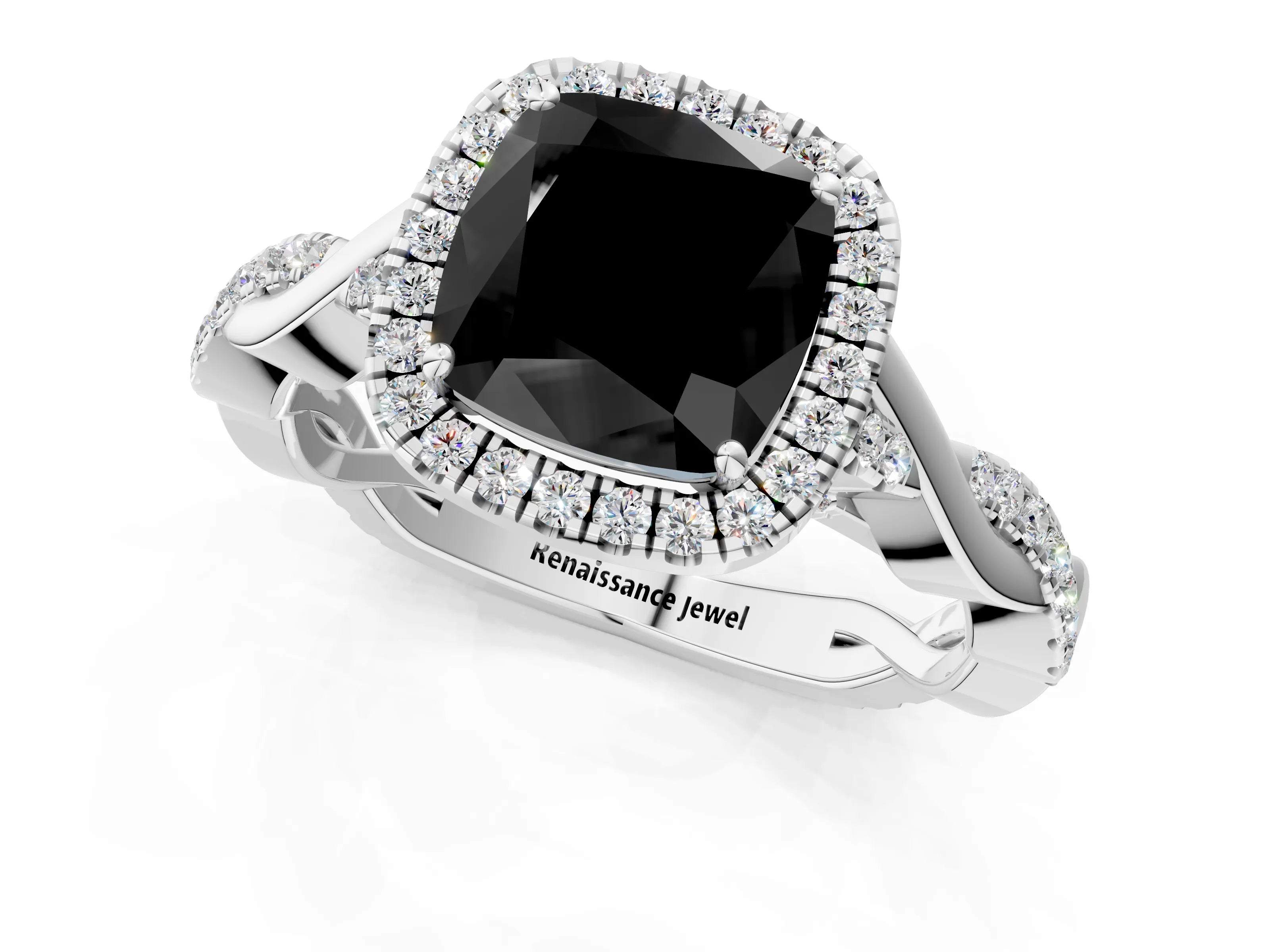White gold Fancy Black Cushion Cut Halo Twist Band with Four-Prong Setting_1