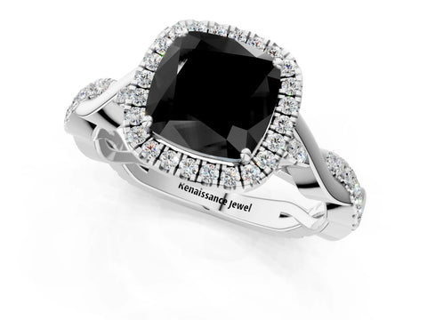 White gold Fancy Black Cushion Cut Halo Twist Band with Four-Prong Setting_1