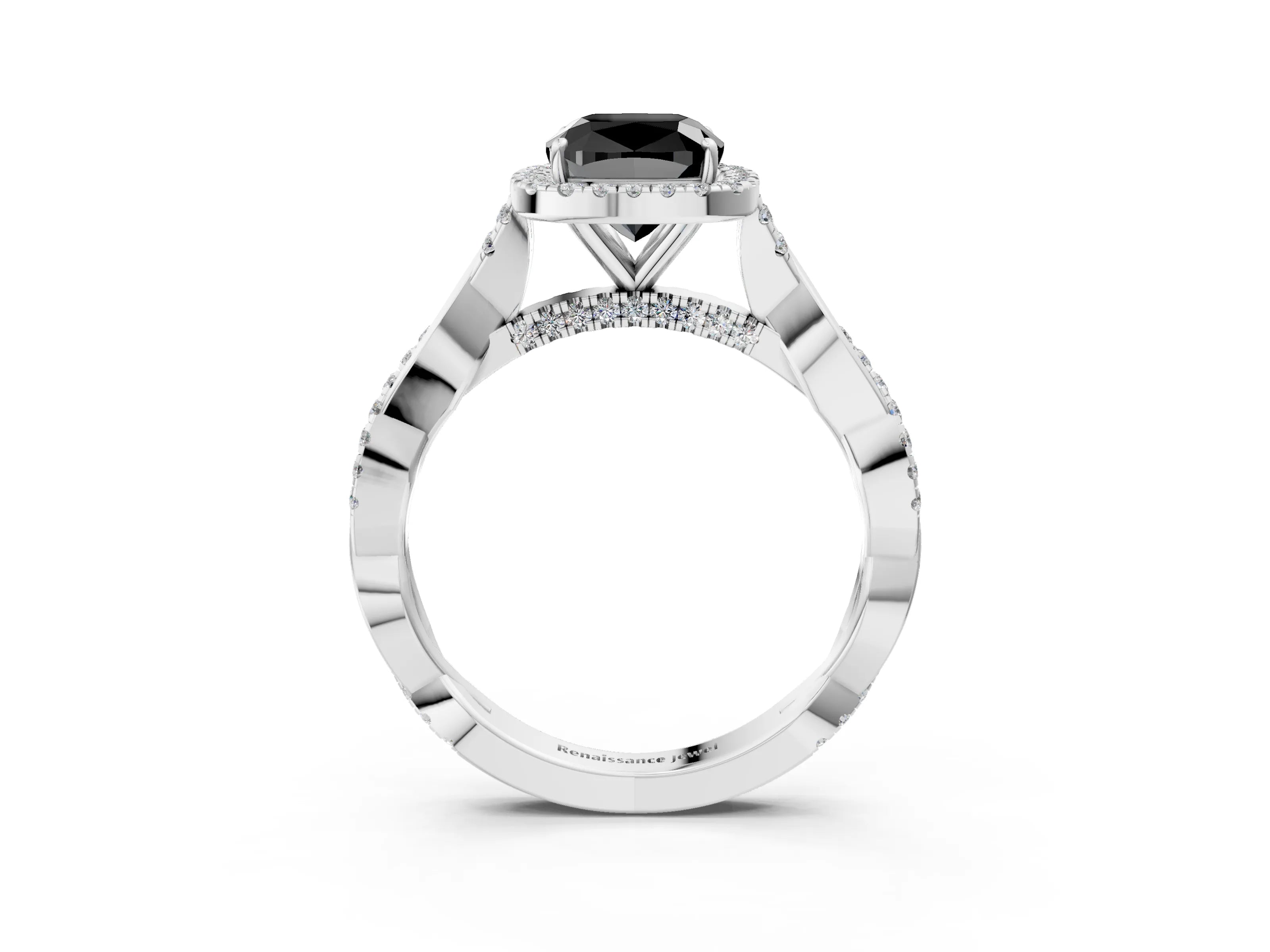 White gold Fancy Black Cushion Cut Halo Twist Band with Four-Prong Setting_3