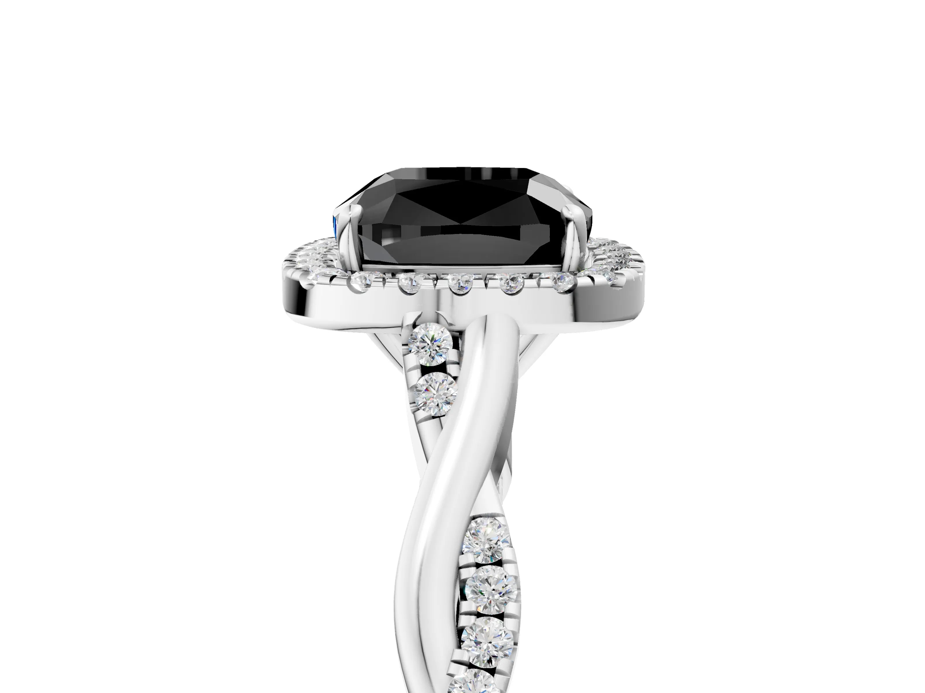 White gold Fancy Black Cushion Cut Halo Twist Band with Four-Prong Setting_5