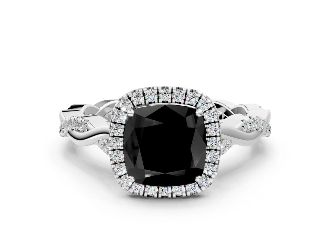 White gold Fancy Black Cushion Cut Halo Twist Band with Four-Prong Setting