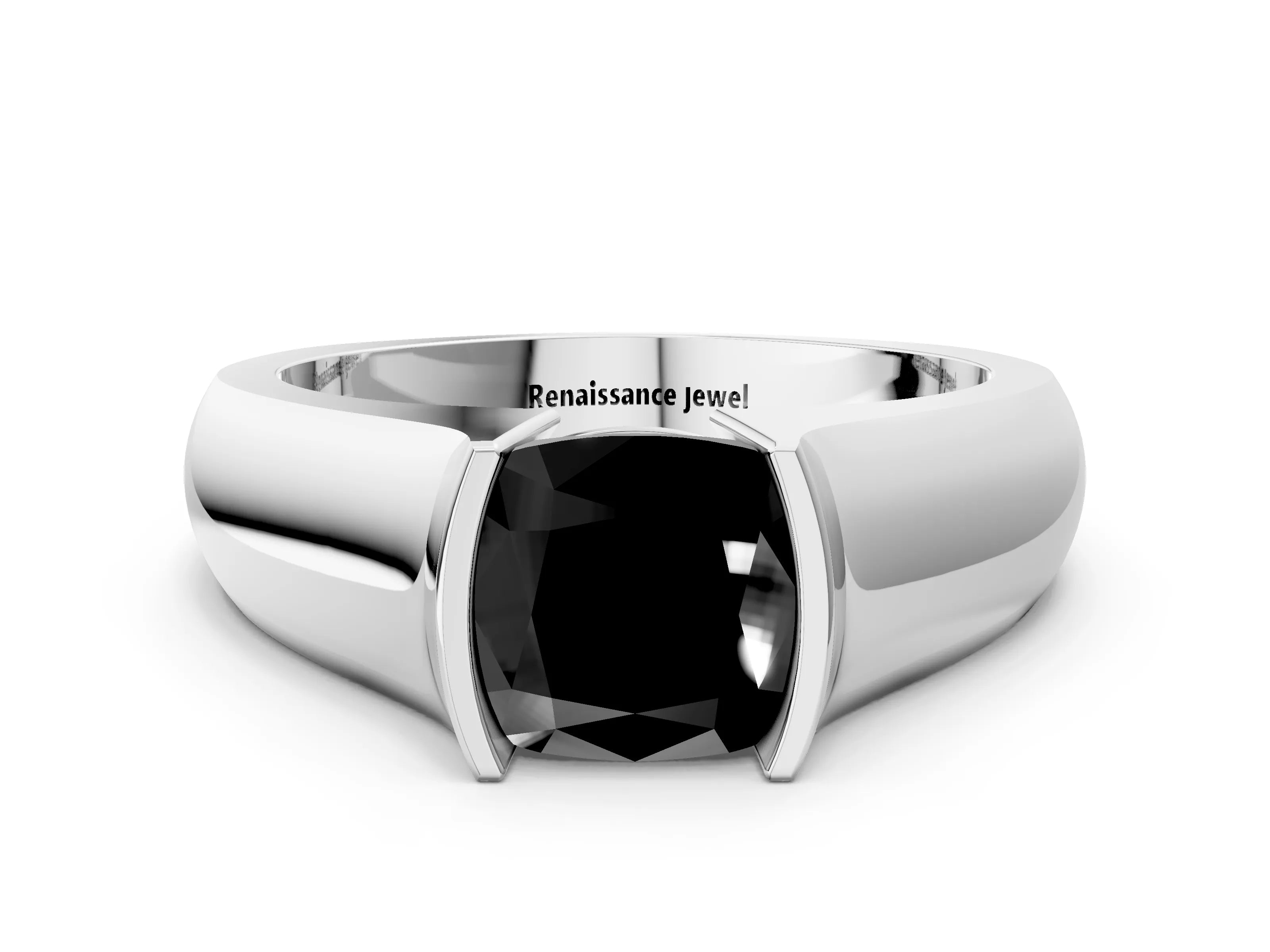White gold Fancy Black Cushion Cut Solitaire Bezel Set Diamond Ring with Wide Band_12