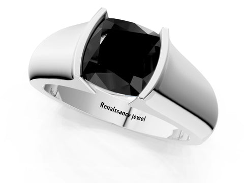 White gold Fancy Black Cushion Cut Solitaire Bezel Set Diamond Ring with Wide Band_13