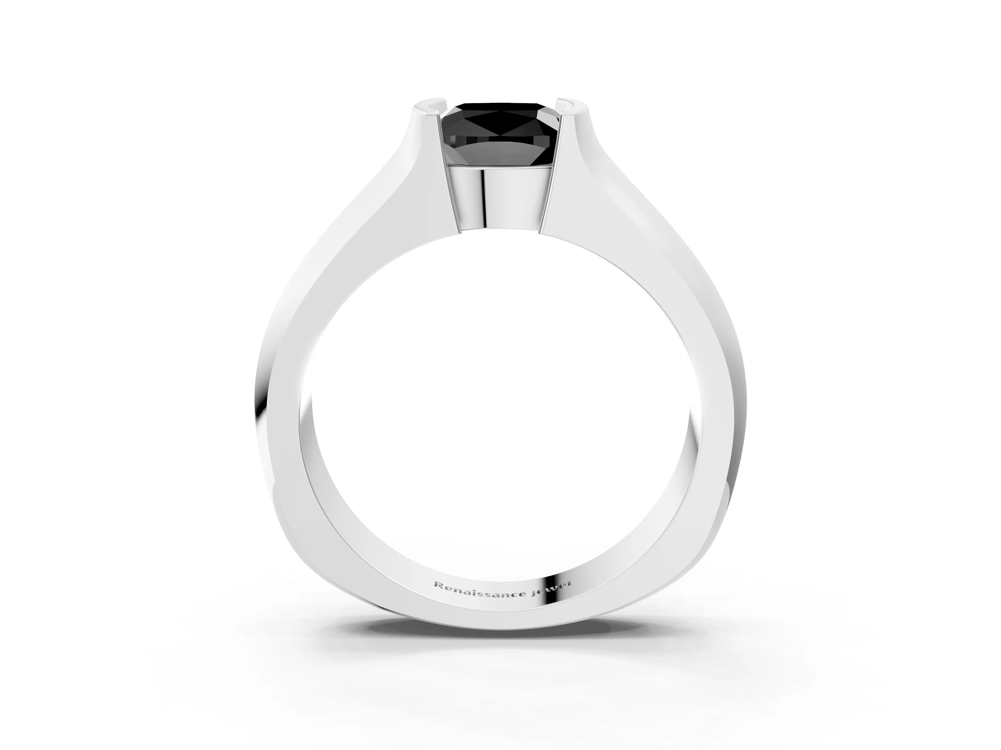 White gold Fancy Black Cushion Cut Solitaire Bezel Set Diamond Ring with Wide Band_15