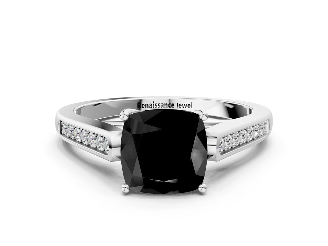White gold Fancy Black Cushion Cut Solitaire Cathedral Diamond Engagement Ring with Channel-Set Band and Four-Prong Setting_15