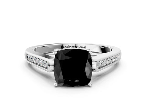 White gold Fancy Black Cushion Cut Solitaire Cathedral Diamond Engagement Ring with Channel-Set Band and Four-Prong Setting_15