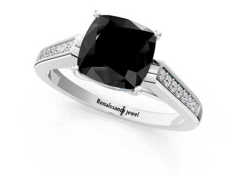 White gold Fancy Black Cushion Cut Solitaire Cathedral Diamond Engagement Ring with Channel-Set Band and Four-Prong Setting_16