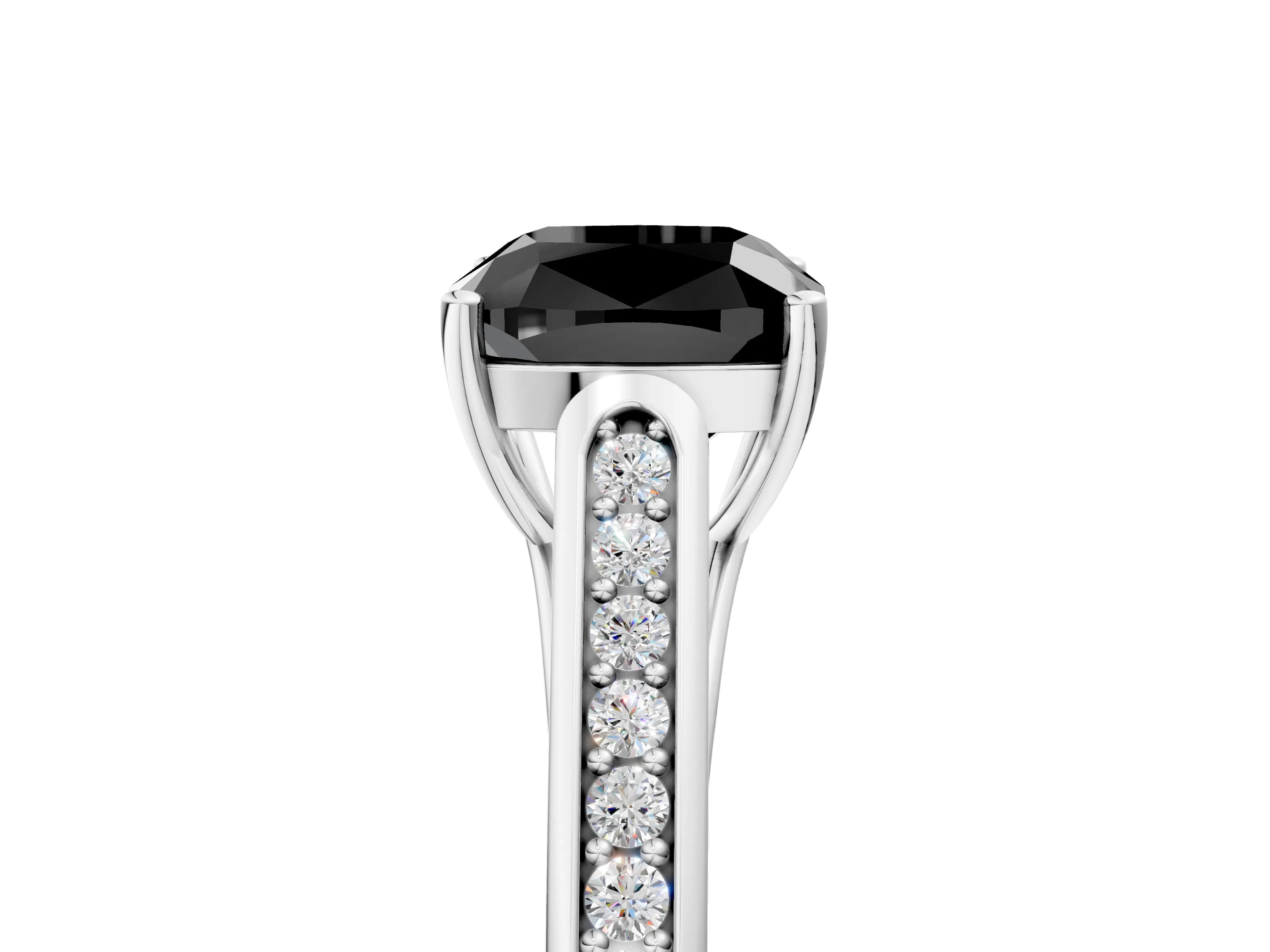 White gold Fancy Black Cushion Cut Solitaire Cathedral Diamond Engagement Ring with Channel-Set Band and Four-Prong Setting_20