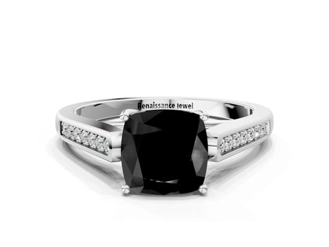 White gold Fancy Black Cushion Cut Solitaire Cathedral Diamond Engagement Ring with Channel-Set Band and Four-Prong Setting_3