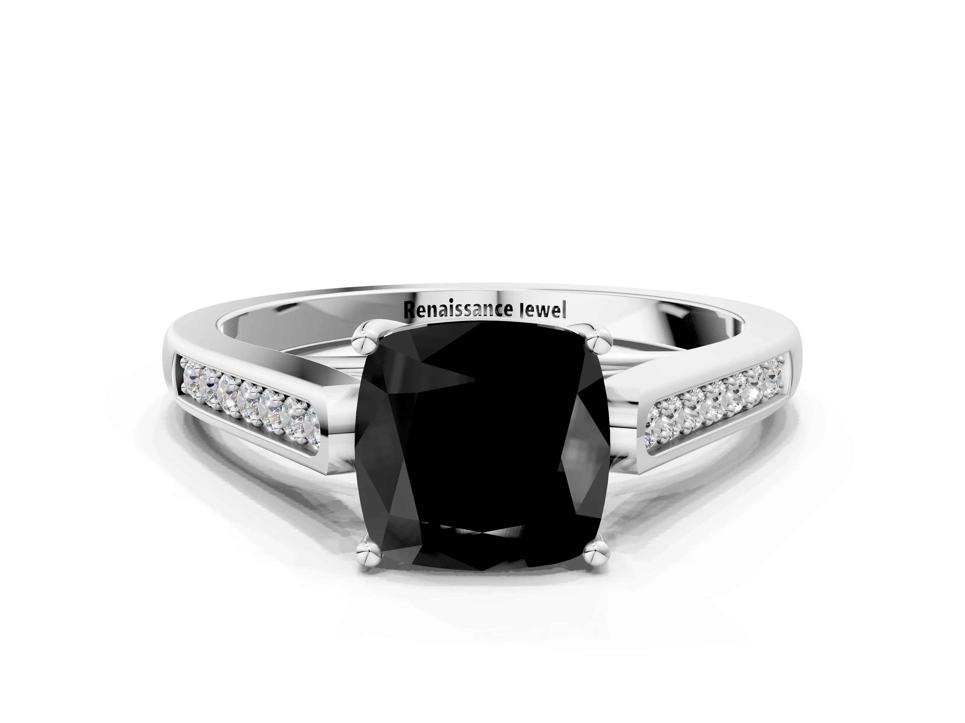 White gold Fancy Black Cushion Cut Solitaire Cathedral Diamond Engagement Ring with Channel-Set Band and Four-Prong Setting_3