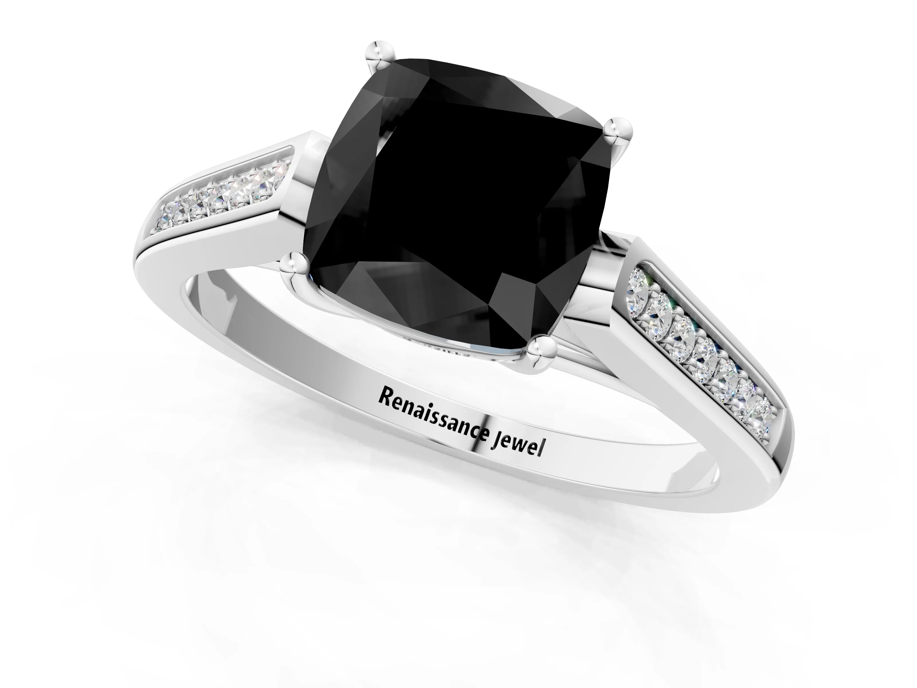 White gold Fancy Black Cushion Cut Solitaire Cathedral Diamond Engagement Ring with Channel-Set Band and Four-Prong Setting_4