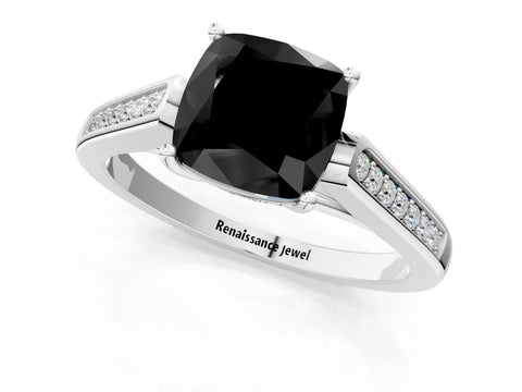 White gold Fancy Black Cushion Cut Solitaire Cathedral Diamond Engagement Ring with Channel-Set Band and Four-Prong Setting_4
