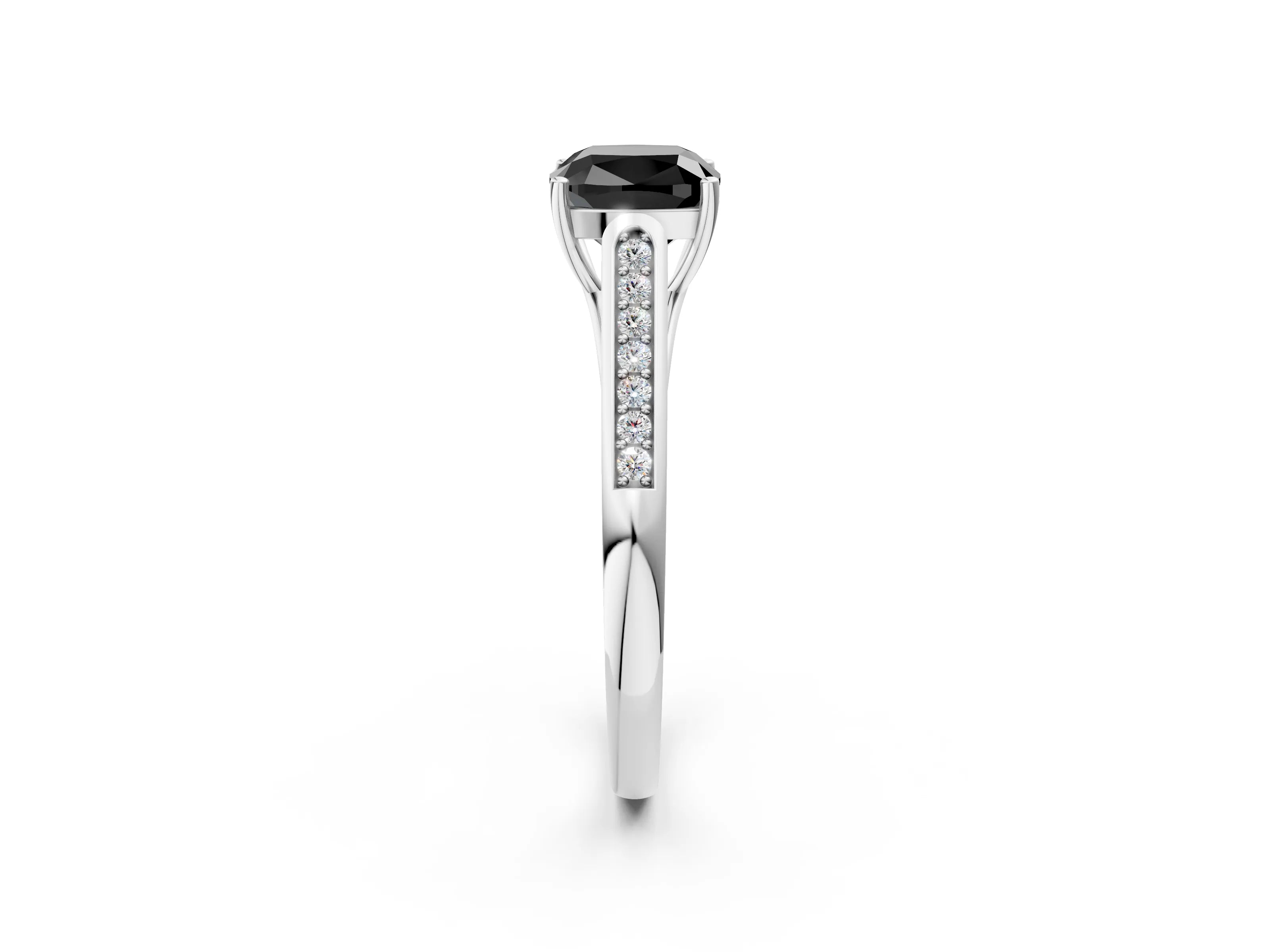 White gold Fancy Black Cushion Cut Solitaire Cathedral Diamond Engagement Ring with Channel-Set Band and Four-Prong Setting_5