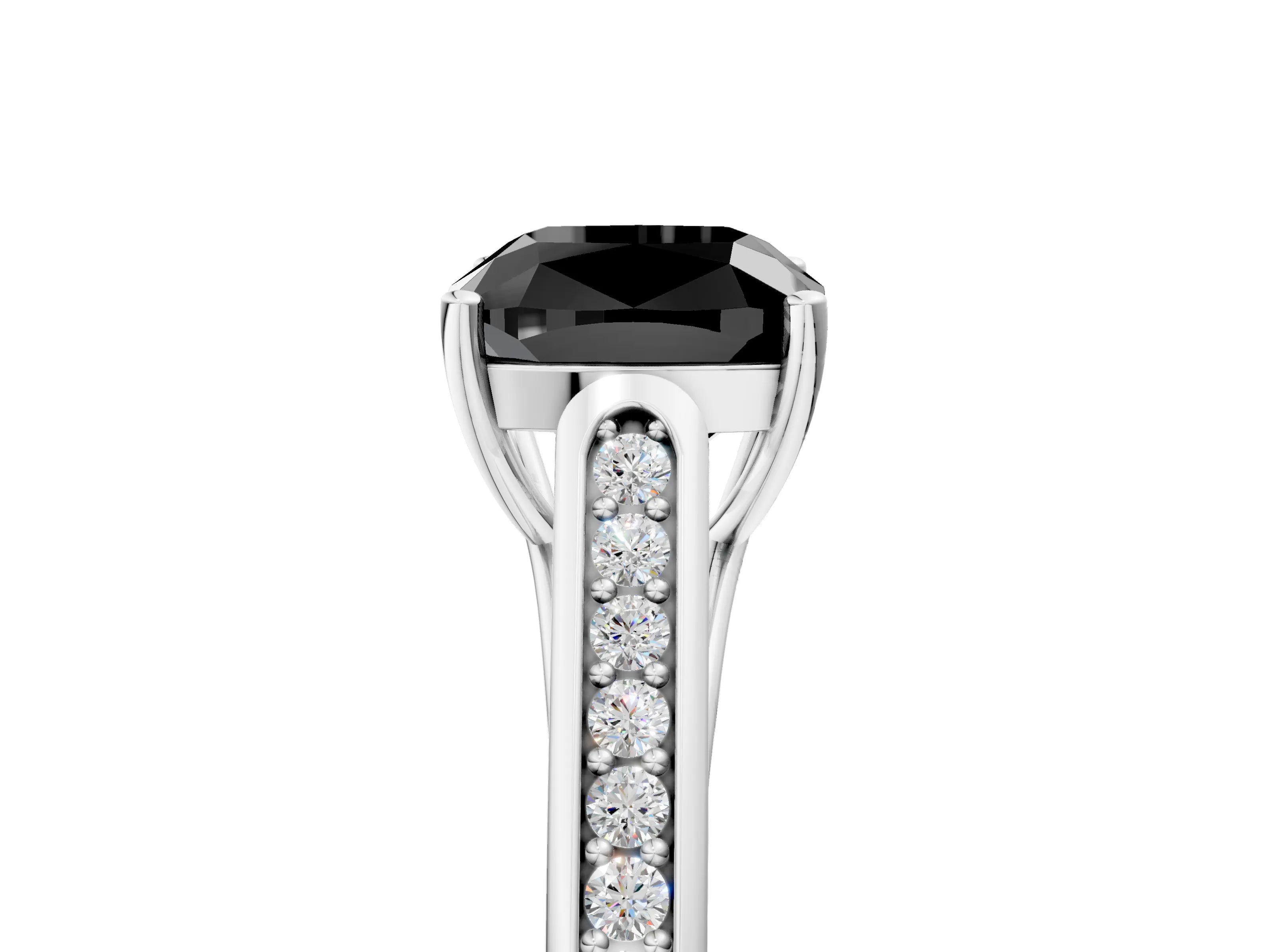 White gold Fancy Black Cushion Cut Solitaire Cathedral Diamond Engagement Ring with Channel-Set Band and Four-Prong Setting_8