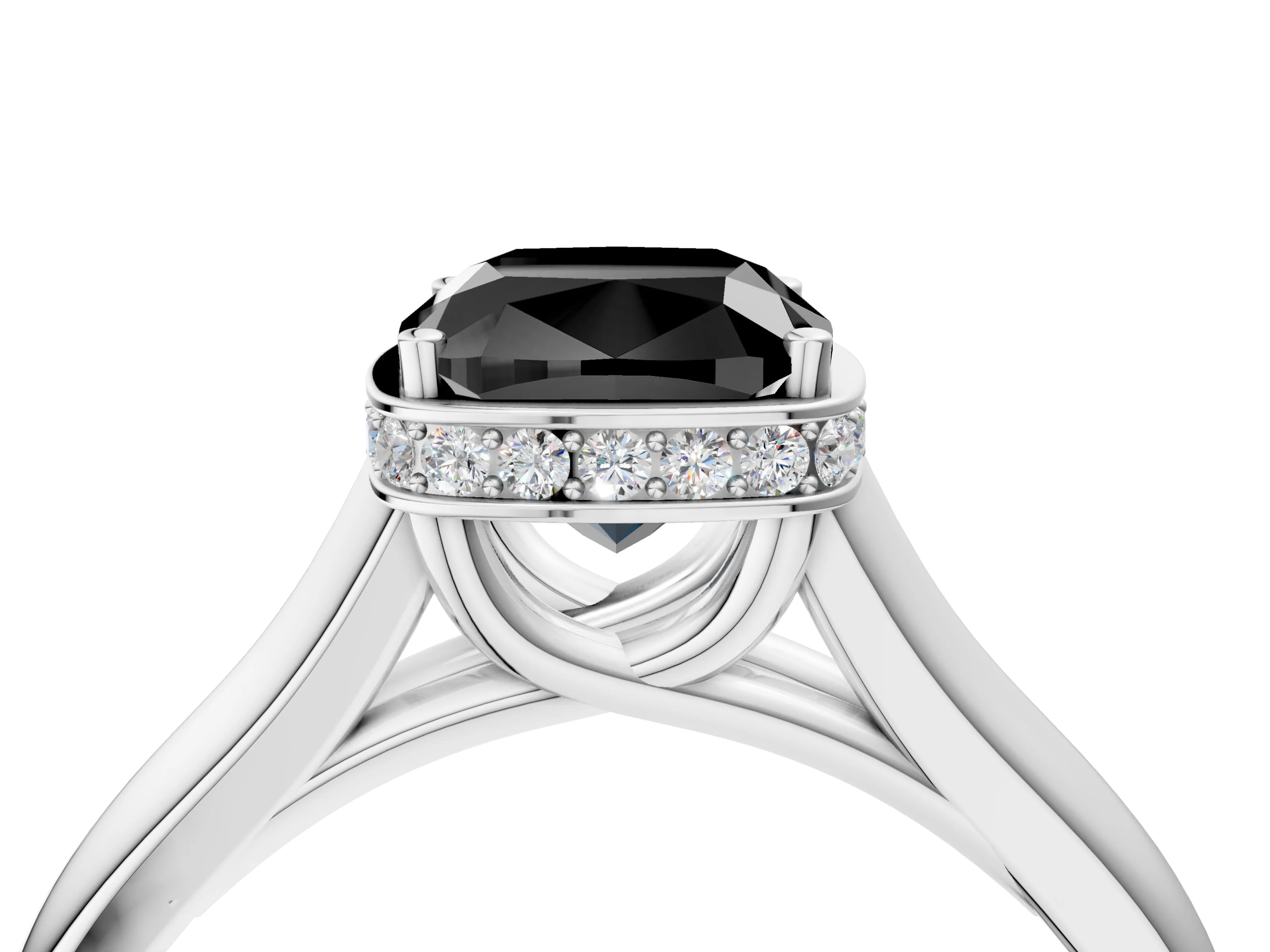 White gold Fancy Black Cushion Cut Solitaire Diamond Engagement Ring with Four-Prong Setting and Tapered Band_16