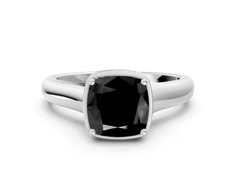 White gold Fancy Black Cushion Cut Solitaire Diamond Engagement Ring with Four-Prong Setting and Tapered Band