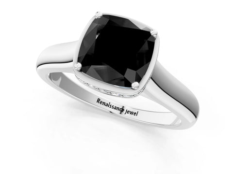 White gold Fancy Black Cushion Cut Solitaire Diamond Engagement Ring with Four-Prong Setting and Tapered Band_1