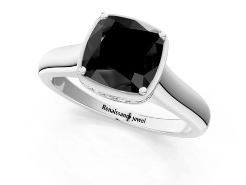 White gold Fancy Black Cushion Cut Solitaire Diamond Engagement Ring with Four-Prong Setting and Tapered Band_1