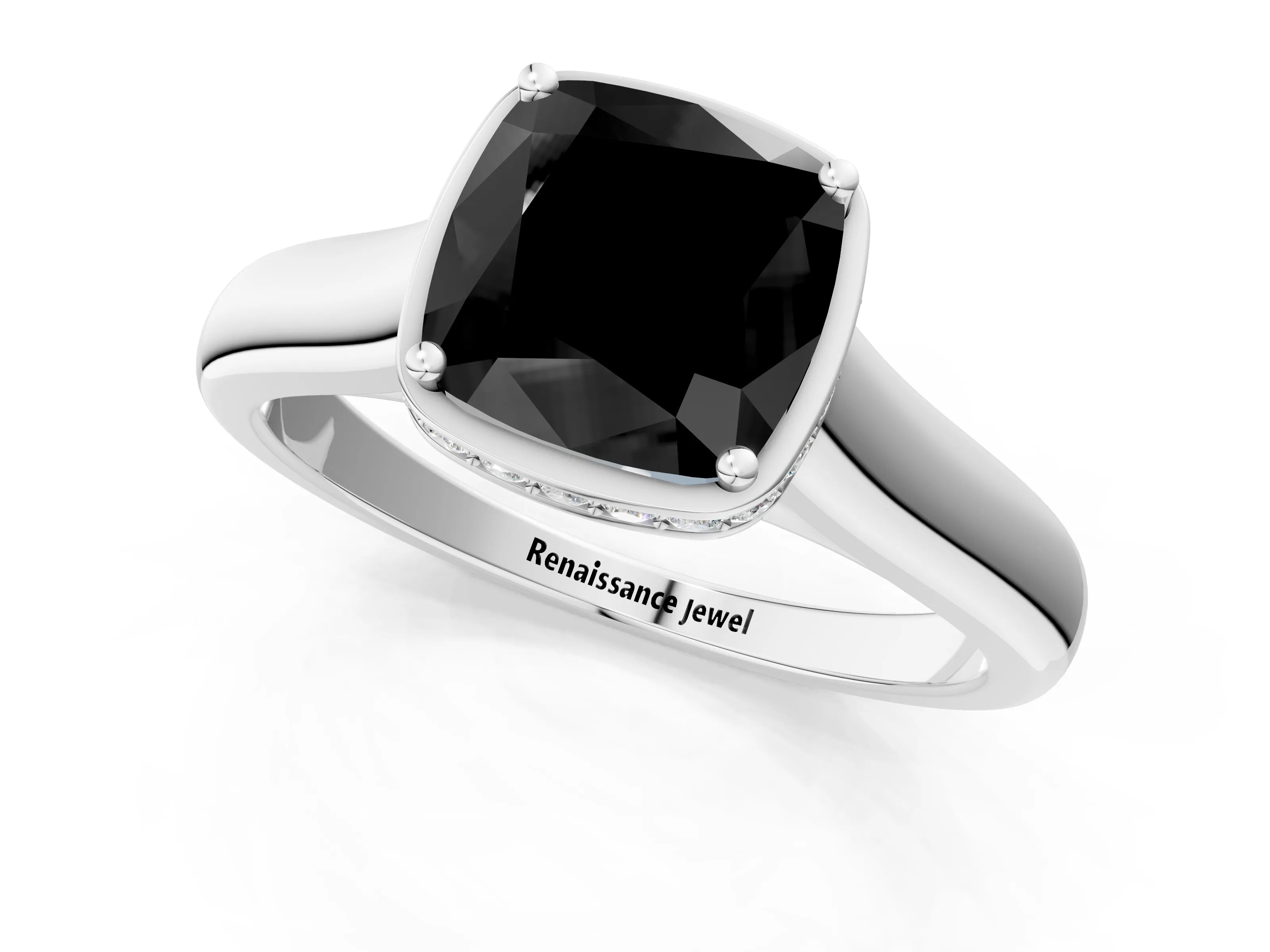 White gold Fancy Black Cushion Cut Solitaire Diamond Engagement Ring with Four-Prong Setting and Tapered Band_2