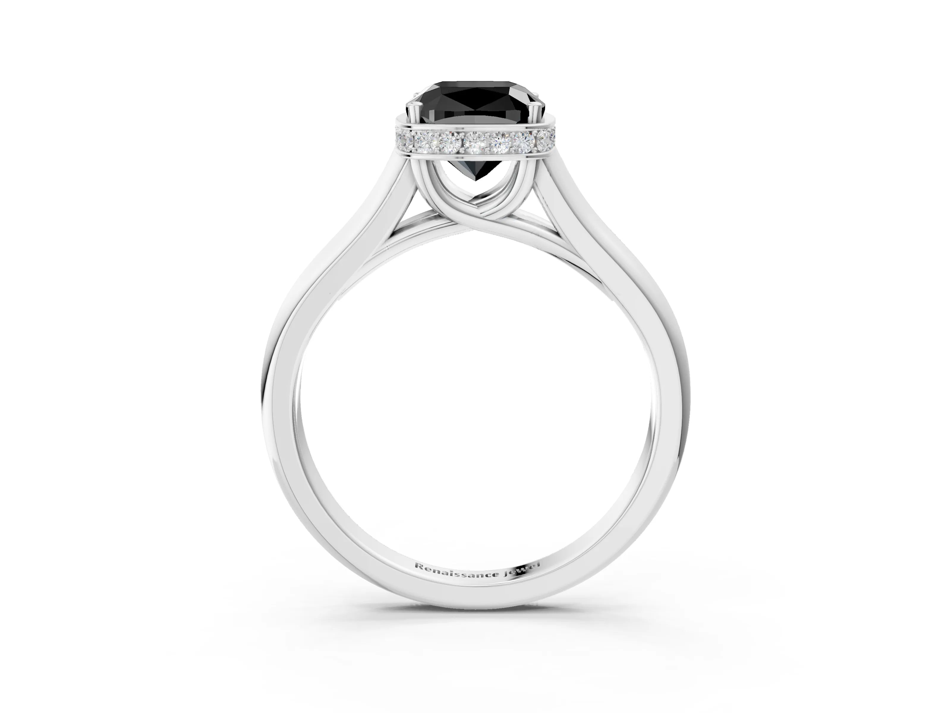 White gold Fancy Black Cushion Cut Solitaire Diamond Engagement Ring with Four-Prong Setting and Tapered Band_3