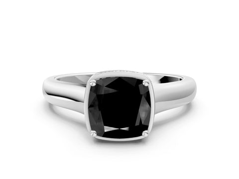 White gold Fancy Black Cushion Cut Solitaire Diamond Engagement Ring with Four-Prong Setting and Tapered Band