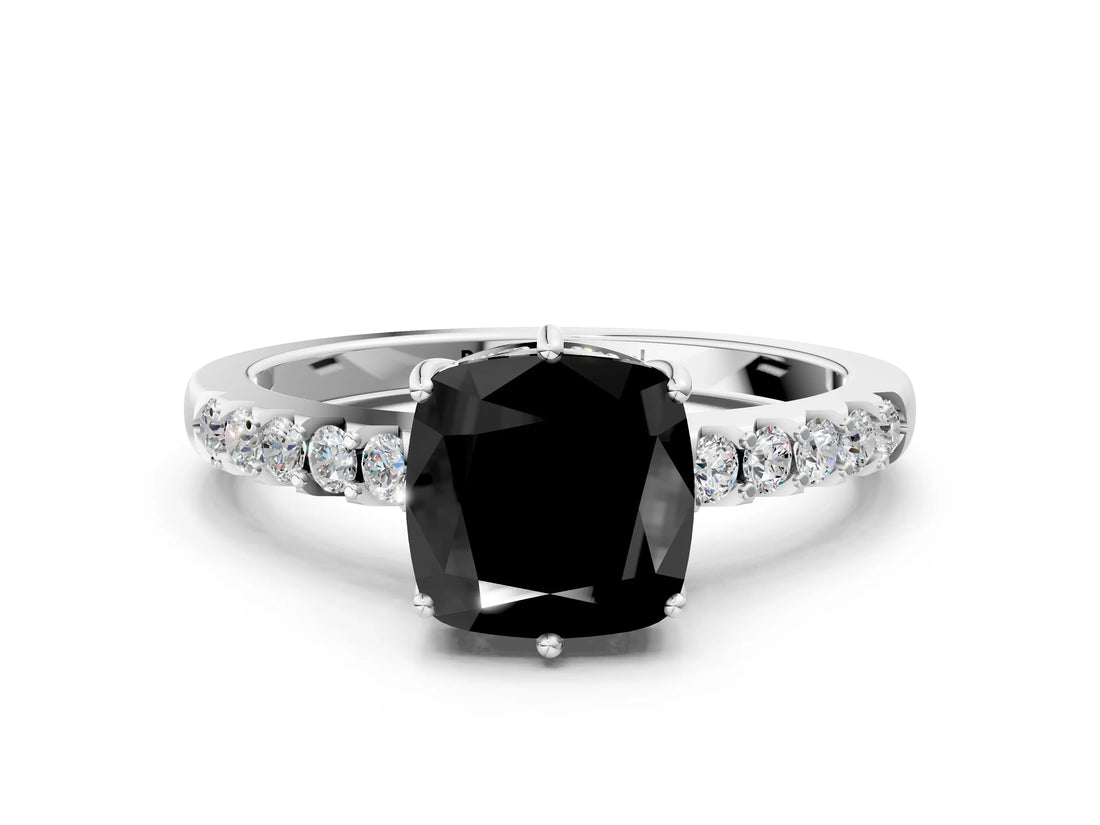 White gold Fancy Black Cushion Cut Solitaire Diamond Engagement Ring with Pavé Band and Six-Prong Setting_12