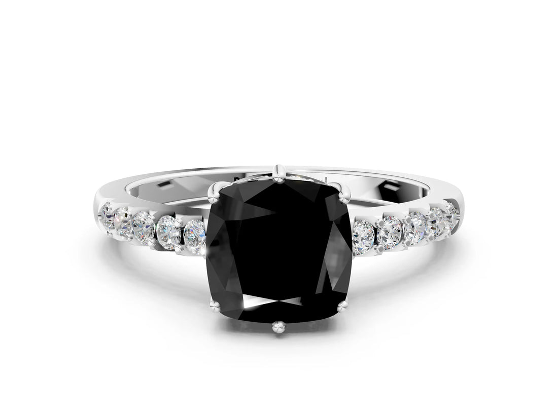 White gold Fancy Black Cushion Cut Solitaire Diamond Engagement Ring with Pavé Band and Six-Prong Setting_24