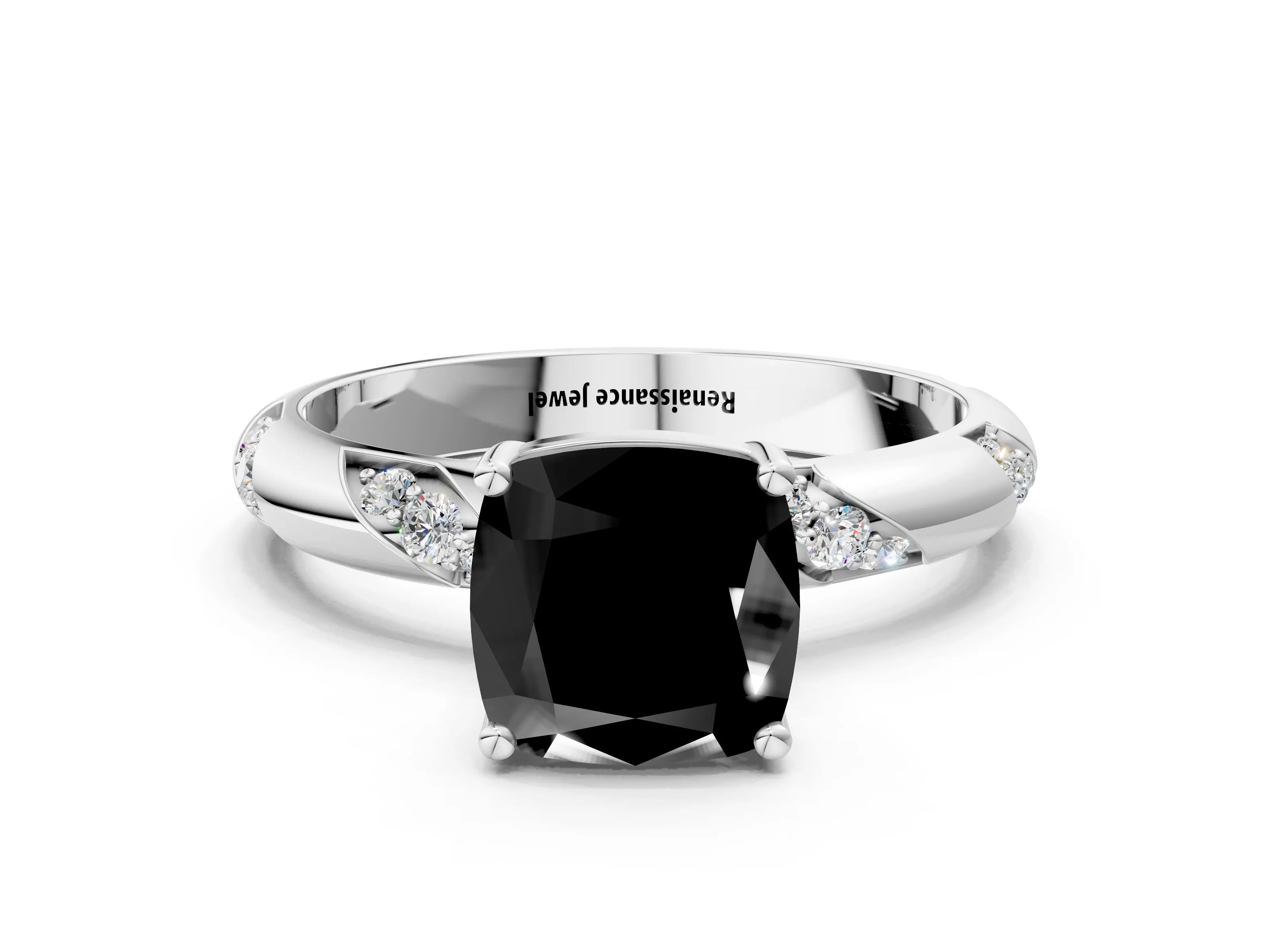 White gold Fancy Black Cushion Cut Solitaire Diamond Engagement Ring with Twisted Pave Band and Four-Prong Setting_19