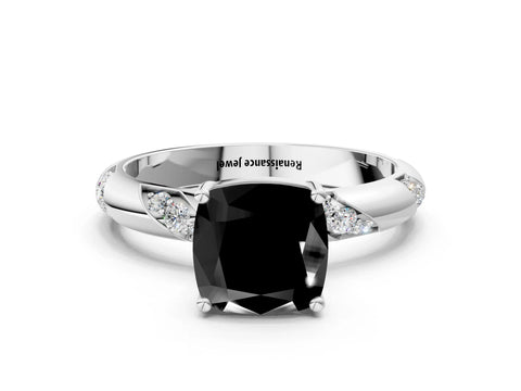 White gold Fancy Black Cushion Cut Solitaire Diamond Engagement Ring with Twisted Pave Band and Four-Prong Setting_19