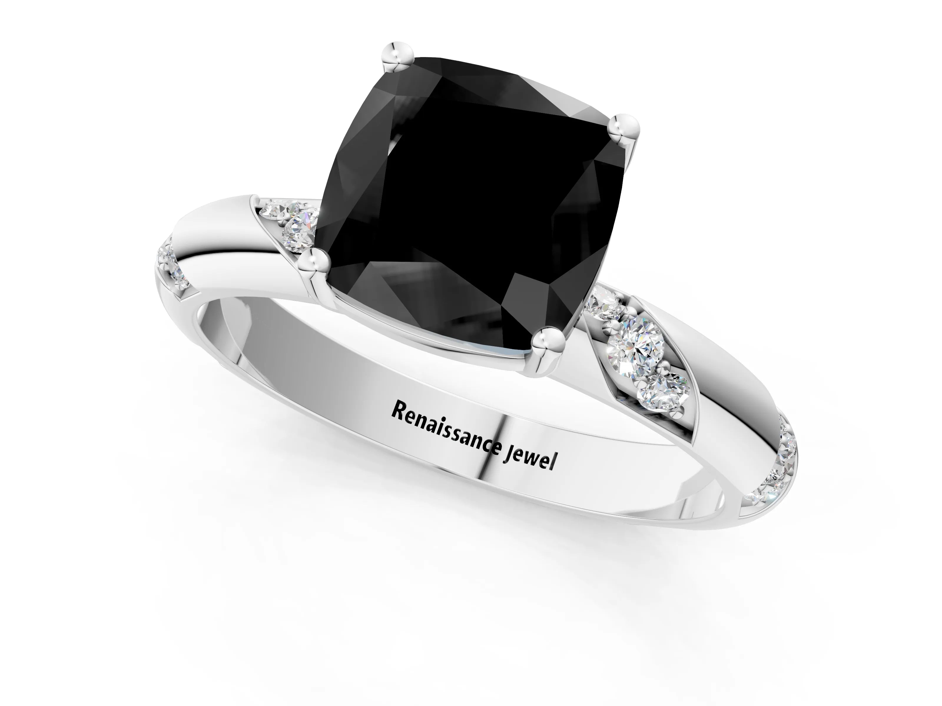 White gold Fancy Black Cushion Cut Solitaire Diamond Engagement Ring with Twisted Pave Band and Four-Prong Setting_20