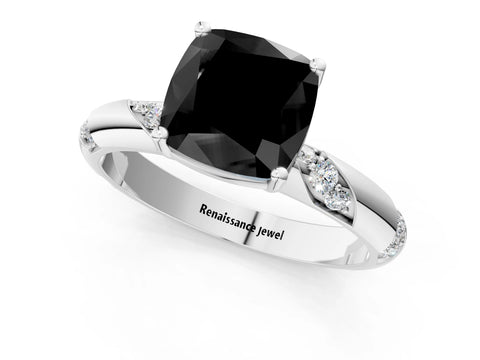 White gold Fancy Black Cushion Cut Solitaire Diamond Engagement Ring with Twisted Pave Band and Four-Prong Setting_20