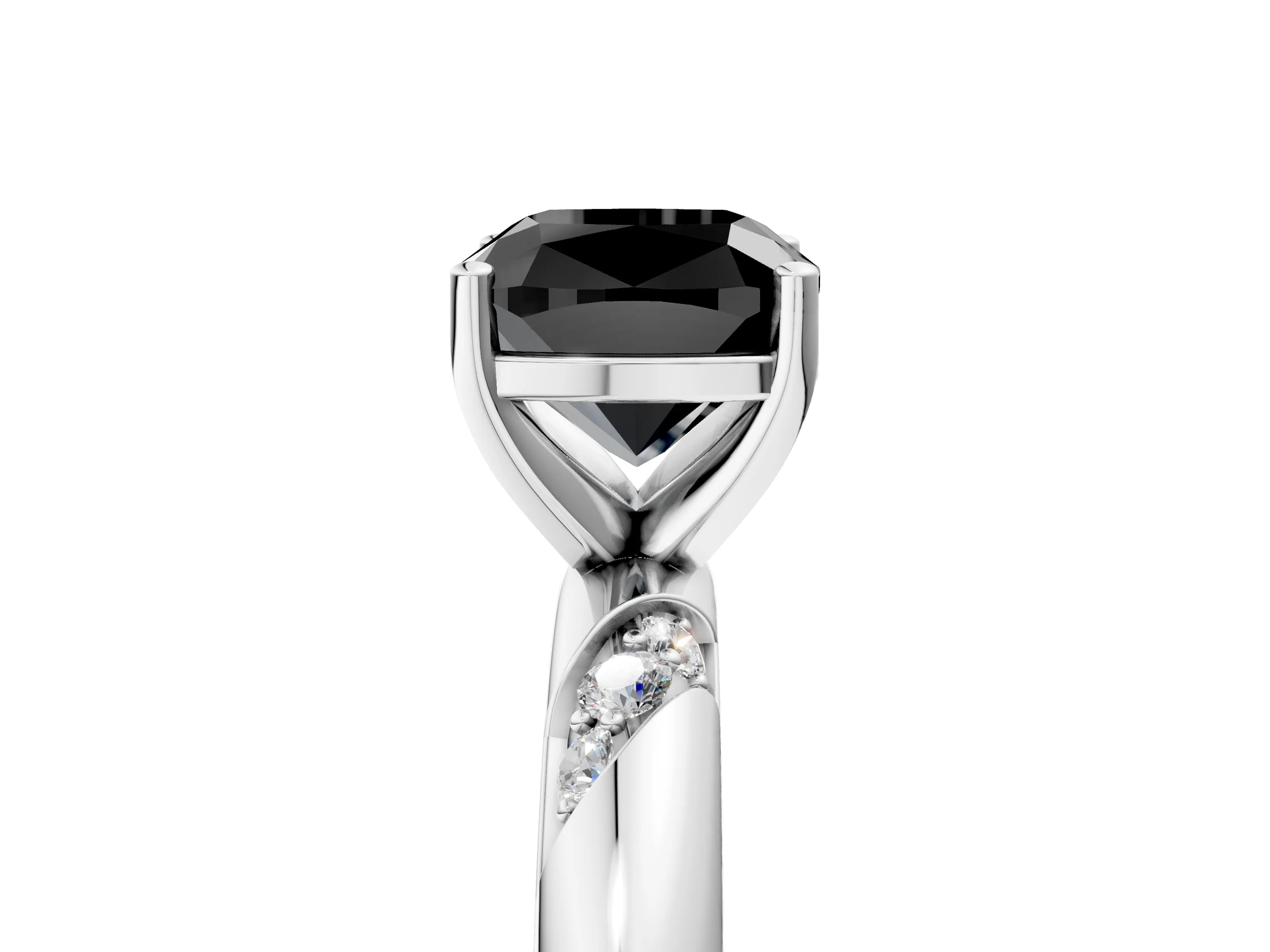 White gold Fancy Black Cushion Cut Solitaire Diamond Engagement Ring with Twisted Pave Band and Four-Prong Setting_24